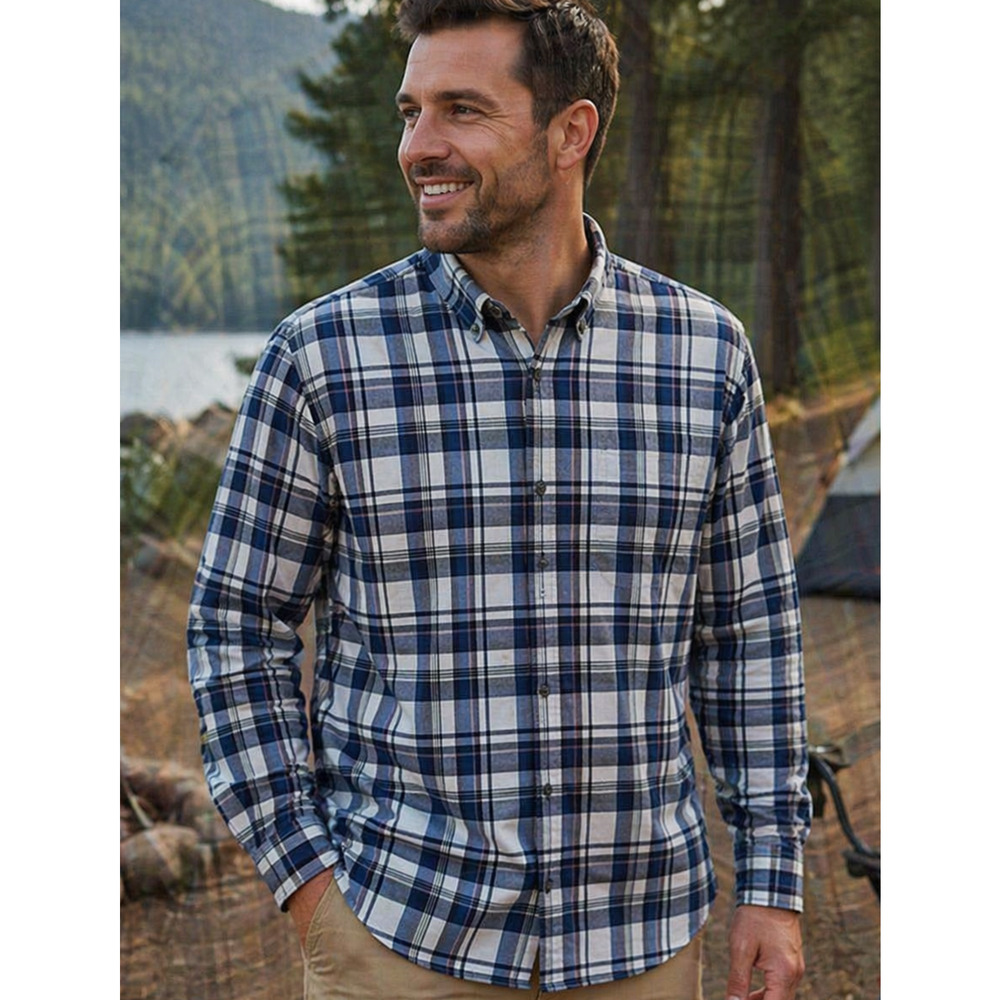 Eddie Bauer Men XL Plaid Button Down Shirt Blue White Cotton Long Sleeve Classic